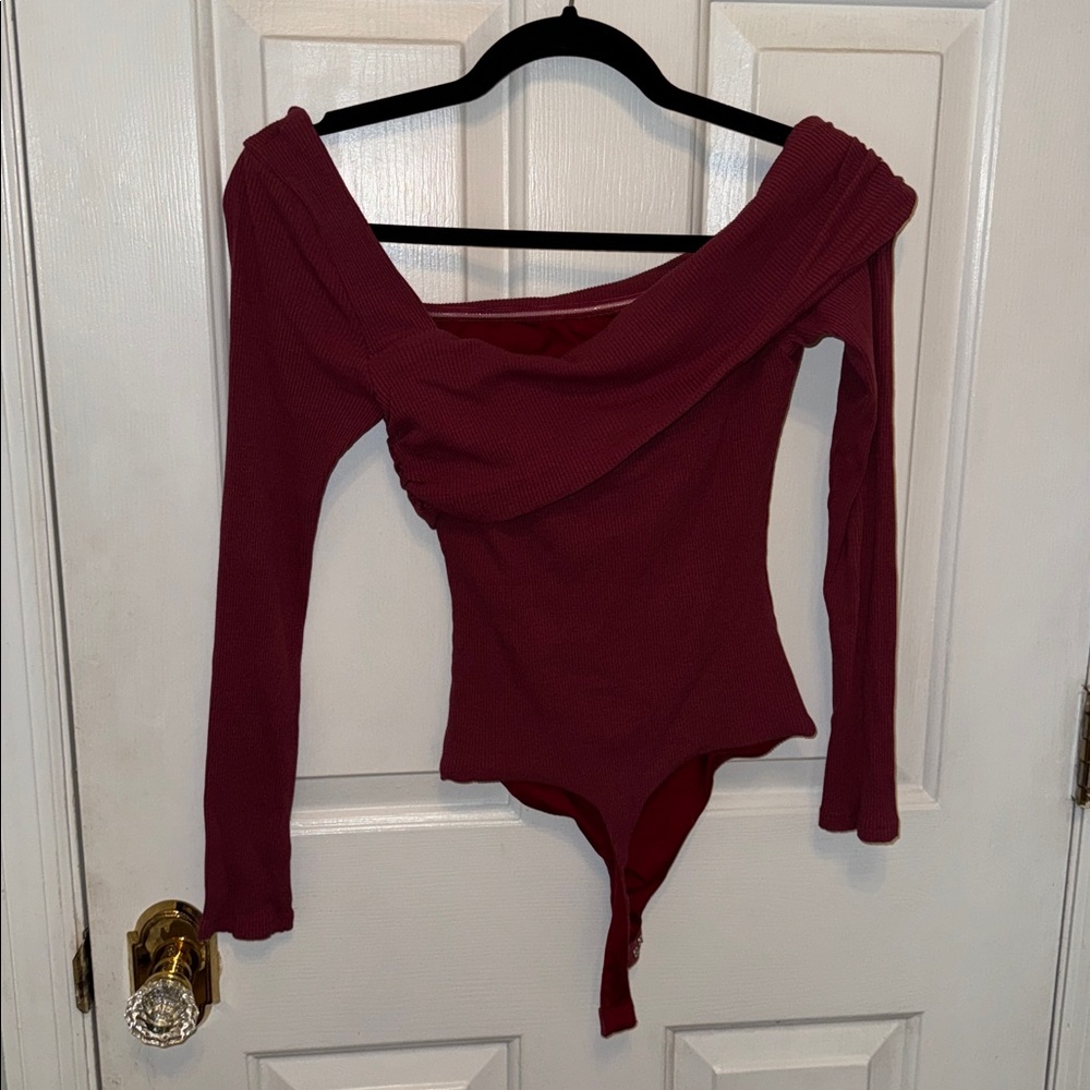 Privacy Please Off-Shoulder Long Sleeve Bodysuit in Burgundy